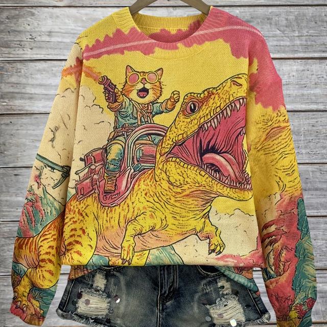 TEMU Plus Size - Women's Casual Long Sleeve Crew Neck Sweater - Vibrant Cartoon Dinosaur & Cat Graphic Print, Soft Pullover For Fall/winter, Oversized Fit, , Trendy Outfit