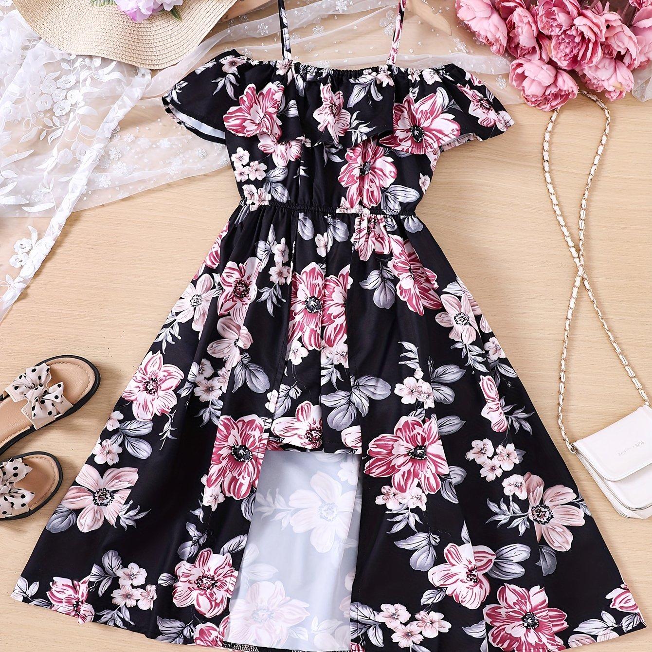 TEMU The Length Measurement Does Not The Hem. Girls' New -style Floral Print Strappy Jumpsuit With A Large Skirt, Perfect For Outdoor
