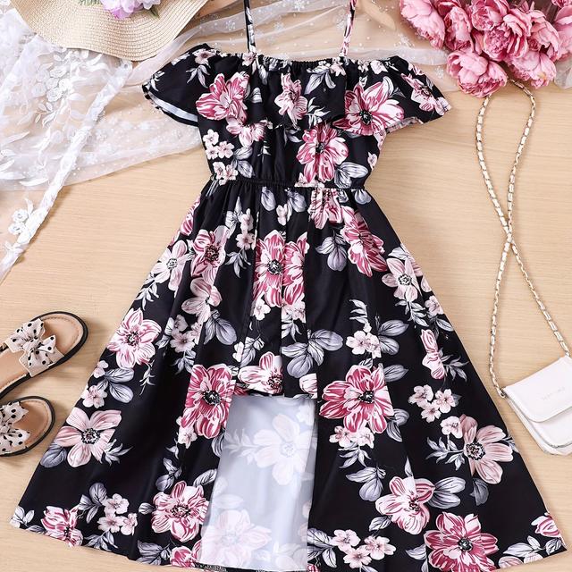 TEMU The Length Measurement Does Not The Hem. Girls' New -style Floral Print Strappy Jumpsuit With A Large Skirt, Perfect For Outdoor