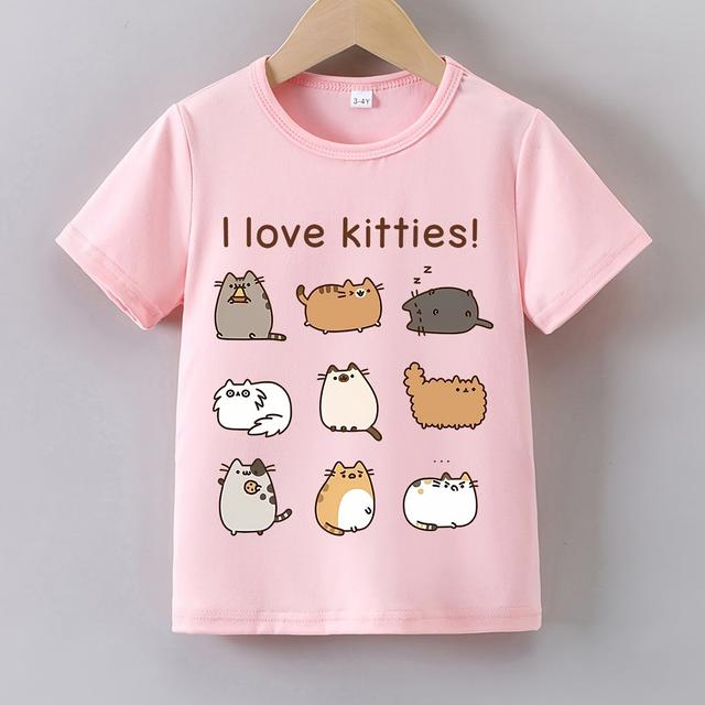 TEMU Kids' Summer Short Sleeve 'i Love Kitties!' Graphic T-shirt - Casual Crew Neck, Soft Fabric, Cartoon Cat Print, Black, & Cat Lovers, Summer Top | Graphic Tee | Soft Texture Te