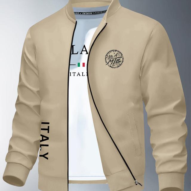 TEMU جاكيت قوات الطيران للطيار بنقشة لينشان، معطف رجالي رياضي أنيق كاجوال بسحاب، واقي من الرياح عصري للجامعة مع جيوب، ياقة صغيرة قائمة، قماش محبوك، جيوب، ملابس الشارع العصرية للخريف والشتاء