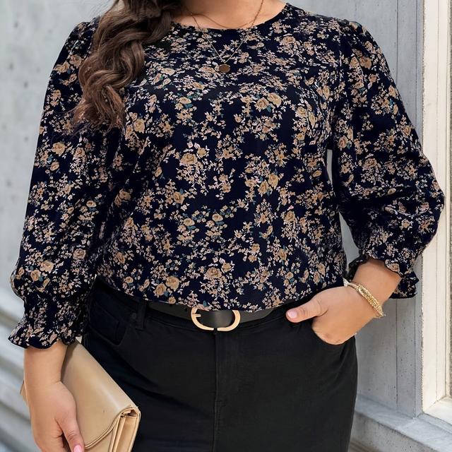 TEMU Plus Size Floral Print Blouse, Elegant Crew Neck 3/4 Sleeve Blouse For Summer, Women's Plus Size clothing