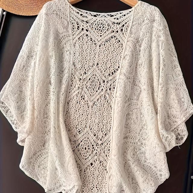 TEMU Women's Beach Cover-up With Embroidered Lace, Lightweight Pullover, Batwing Sleeve Casual Outerwear Top