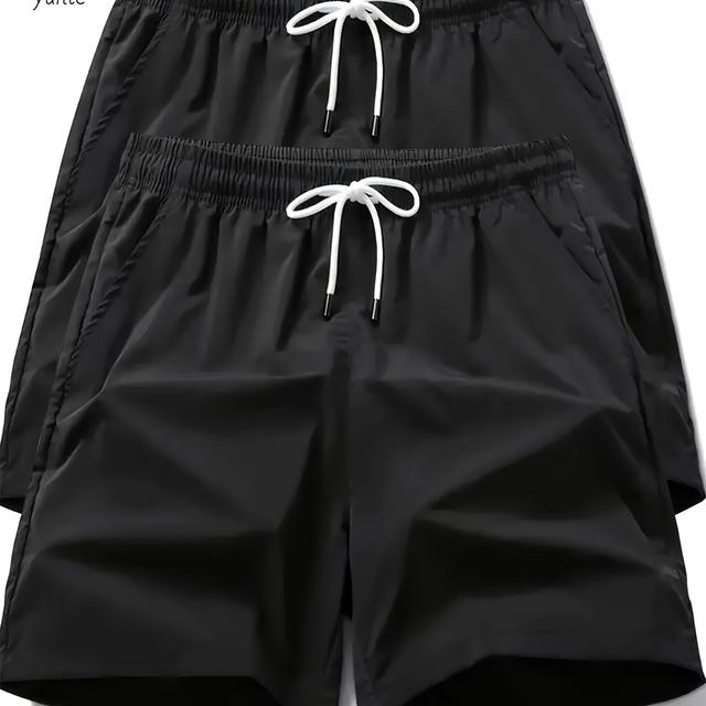TEMU 2pcs Men's Casual Loose-fit Quick-dry Athletic Shorts, Black With Waistband And Drawstring, Lightweight Gym & Running Gear With Pockets