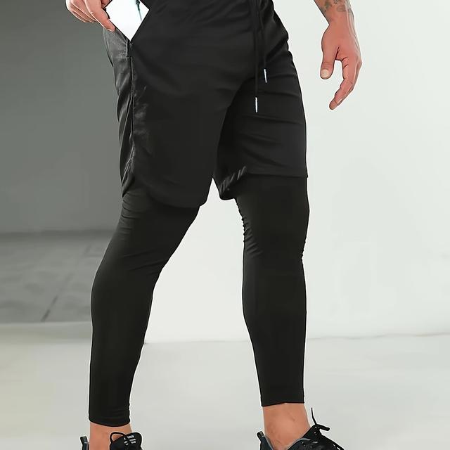 TEMU Men's 2-in-1 Double Layer Quick Drying Breathable Bottoming Trousers, Men's High Elastic Trousers, Suitable For Gym Training And Summer