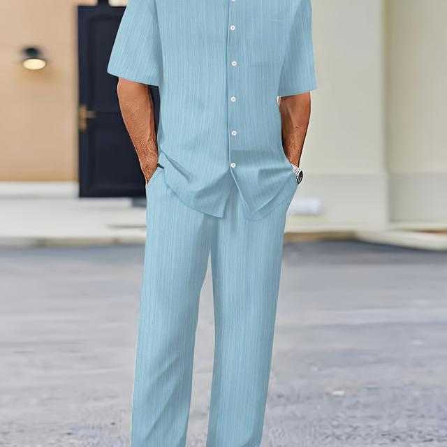 TEMU Revershosen Kurzhemd Textur Gestreiftes Freizeit-Strandset Sommer Dünner Herren-Strickjacken-Trendanzug