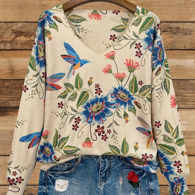 TEMU [All-] [Dünn] [Pullover] Plus Size Druck Blumenmuster Dunkelblau, Casual V-Ausschnitt Langarm Strickpullover für Damen