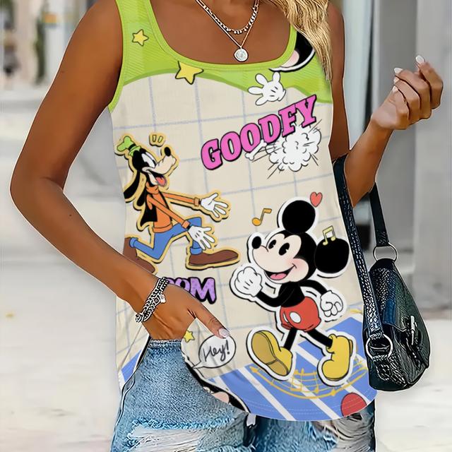 TEMU Women's Vibrant Mickey & Mouse Graphic Tank Top - Casual Square Neck, Stretchy Fabric, Non-see-through, , Summer , , Casual Summer Wear | Graphic Top |