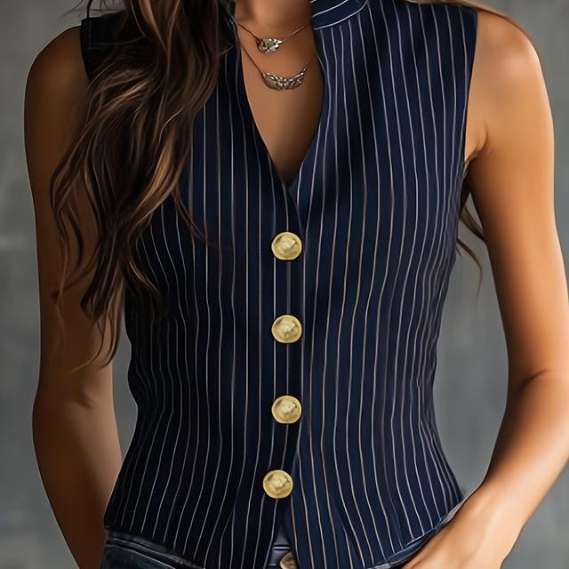 TEMU Women's Vintage Vertical Stripe Sleeveless Top, Stand Collar Waist-defining Commuter Versatile Button- Vest Shirt, Suitable For Spring/summer And Summer