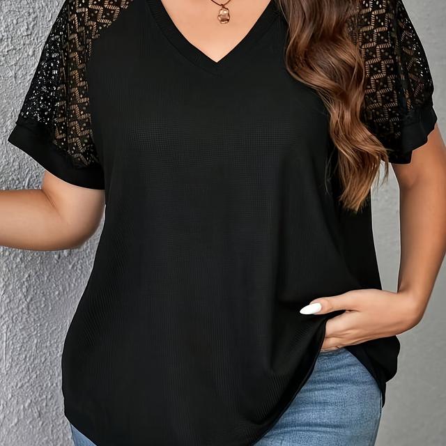 TEMU Women's Plus Size Elegant V-neck T-shirt With Contrast Lace Detail, Short Sleeve Casual Top For Spring/summer, Polyester Knit Fabric, 180gsm - Purple With Black Text "handmade"