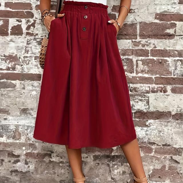 TEMU Women's Plus Size Elegant Button Waist Skirt - Solid Color, High-waisted , Lightweight Polyester Blend, Spring/summer/fall, Versatile Fashion Skirt | Elegant Waist Skirt | Glossy Texture