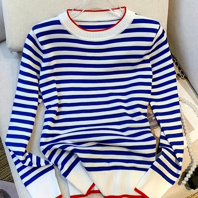 TEMU Women's Striped Sweater - With Red Cuffs, Round Neck Long Sleeve Pullover, Medium Stretch H-silhouette Layering Top For Spring Summer Fall