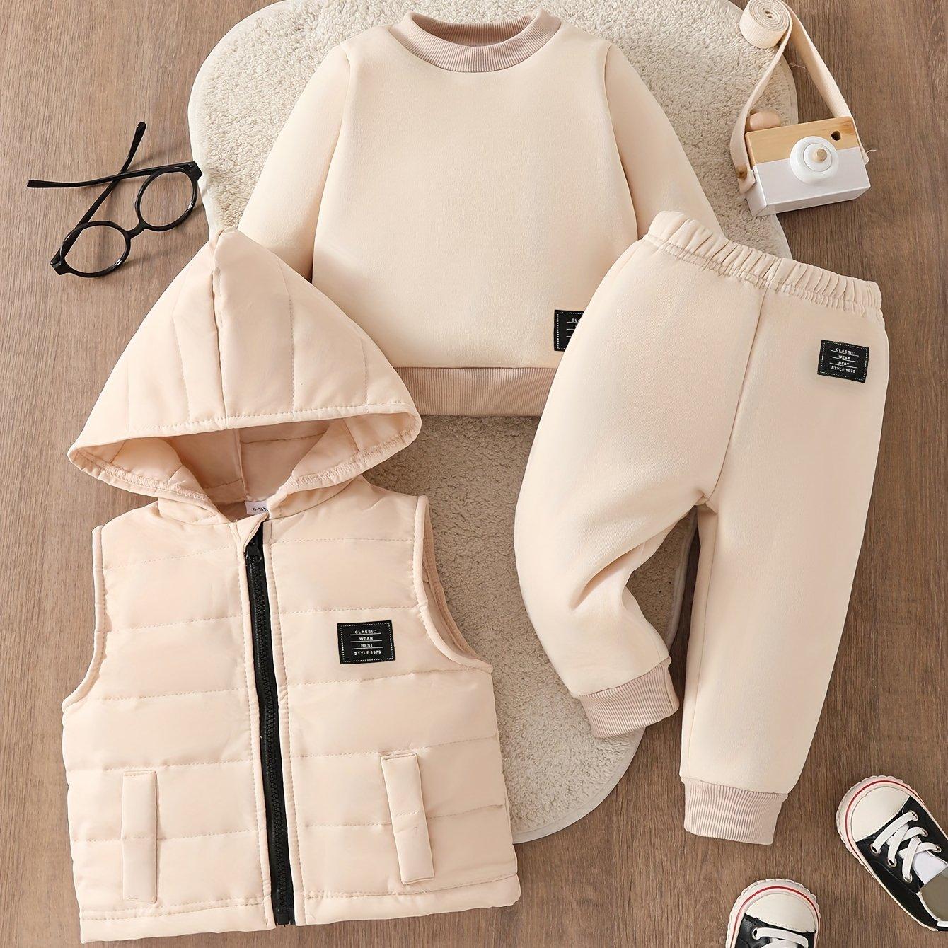 TEMU Baby Sports Casual Set With Hooded Vest, Kids' Fall Winter Outfit 3pcs Set, For Outdoor