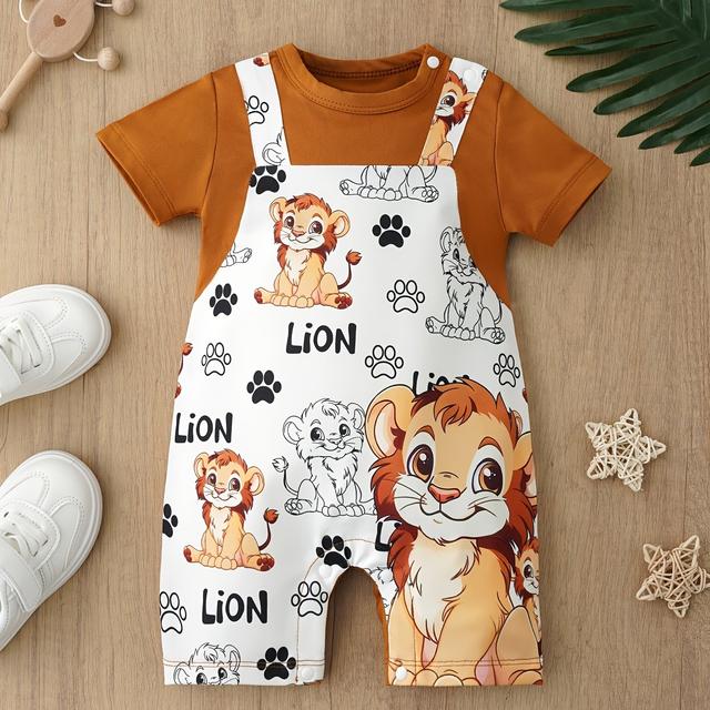 TEMU Baby Onesie With Cute Lion Print | Summer Lightweight Short-sleeve Newborn Crawler Suit For Boys, , For Outdoor