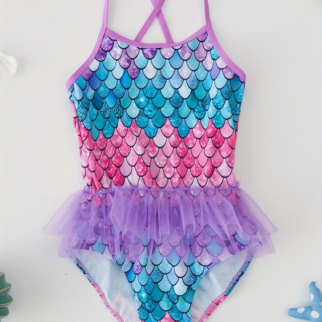 TEMU 2~ Flickbaddräkt Gradient Fiskfjällstryck Spetskjol Stor och Mellanstor Baddräkt Flickor Åtsittande Mode Baddräkt Enkel