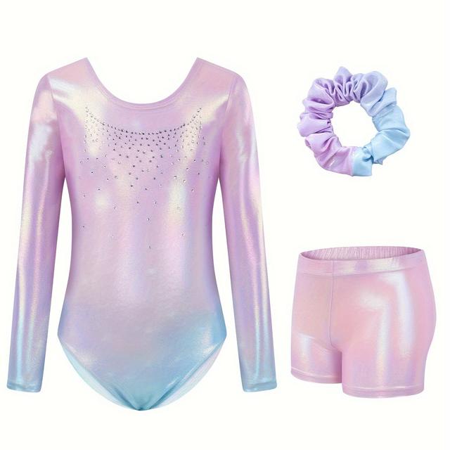 TEMU 3pcs Girls' Gymnastics Leotard Set Long Sleeve Silvery Rhinestone Gradient Color Ages For 3-12