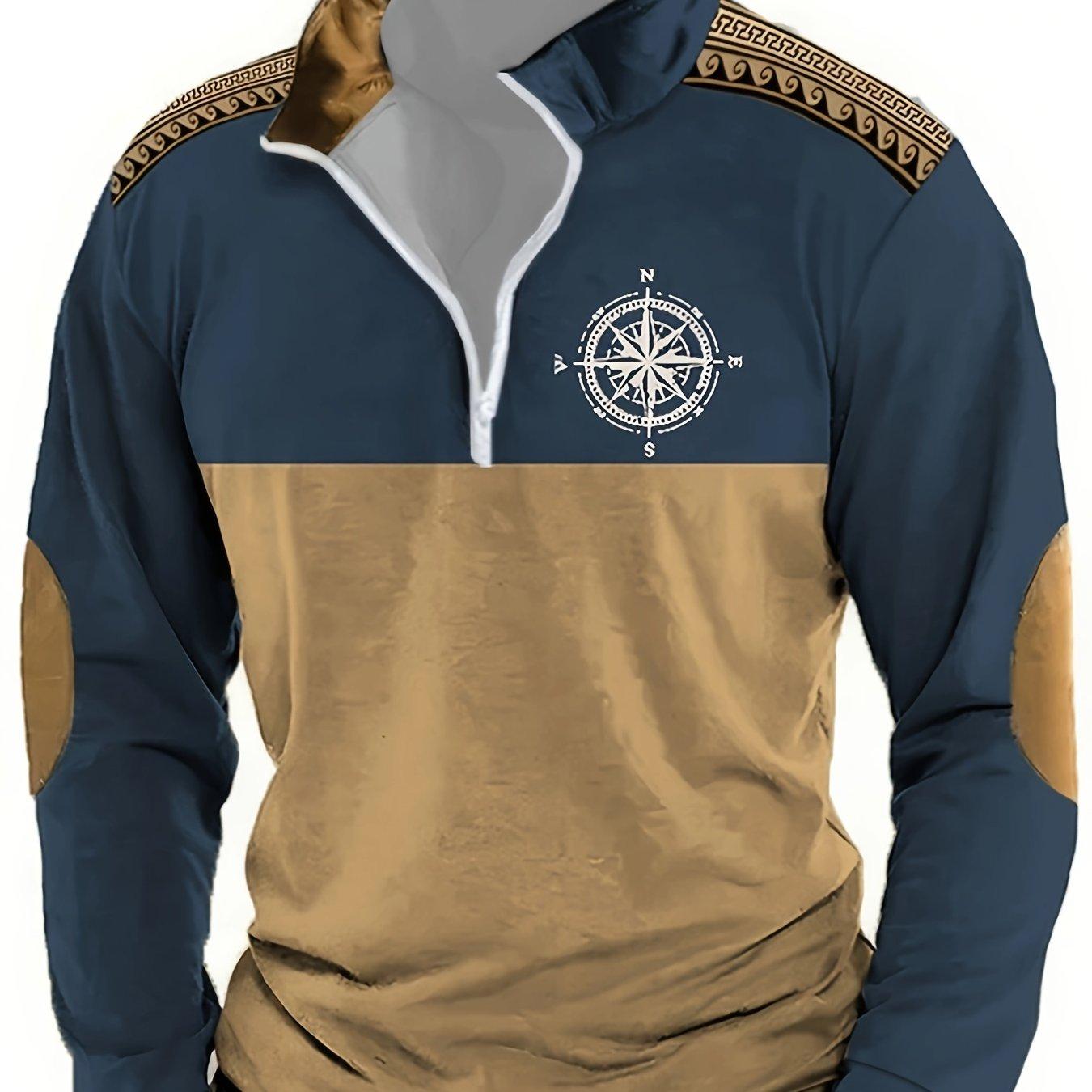 TEMU Men's Vintage-inspired Printed Pullover Sweatshirt With Half-zip Collar - Casual, Loose Fit For Fall