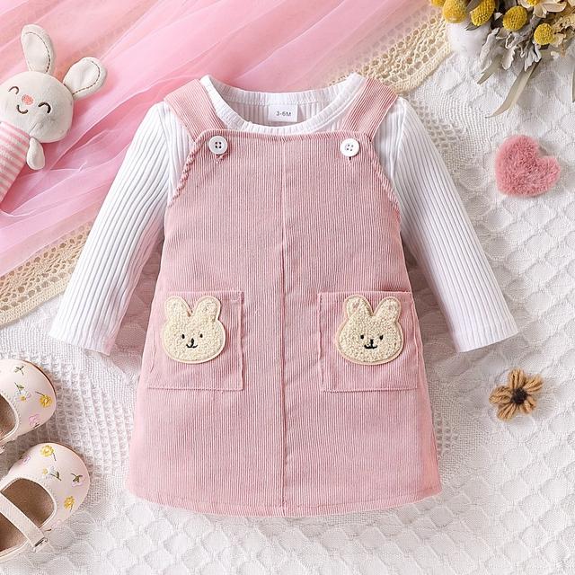 TEMU Newborn Outfit Set For Autumn And Winter, Featuring A Rabbit-themed Suspender Dress And A Solid Color Long-sleeve Top, Consisting Of 2 Pieces, For Outdoor