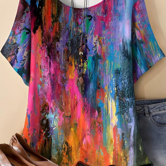 TEMU Plus Size - Plus Size - Women's Plus-size Graffiti Print Short-sleeve Round-neck Casual T-shirt, No Additions Included