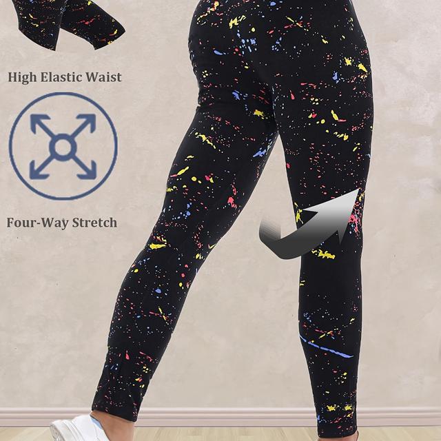 TEMU Women's Plus Size Cropped Leggings, Black Ink Print, High Waist, Stretchy Polyester Knit Fabric, Breathable Sportswear, 95% Polyester 5% Spandex, Regular Fit Fitness Trousers For Weekend Casual