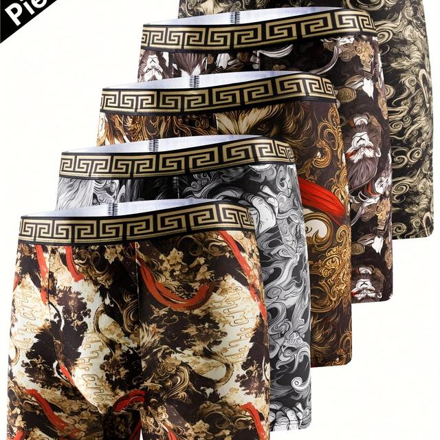 TEMU 5pcs Fashionable Printed Men's Long Boxy Underwear, Lightweight Underwear, Soft And Comfortable, Unique Personality, , A Week