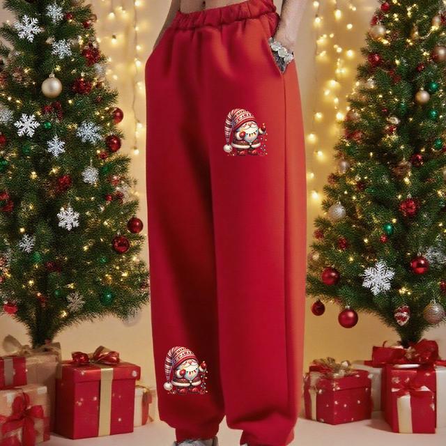 TEMU 여성 크리스마스 & 사슴 프린트 조거 팬츠 - 겨울 따뜻한 바지, 포켓, 탄성 허리 & 커프스 헴, 레드 & 산타 디자인, 여성용 크리스마스 바지, 여성용 크리스마스 옷, 여성용 크리스마스 옷