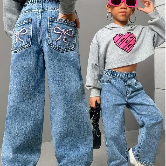 TEMU Y2K modré džínové kalhoty pro dívky s vyšívanými mašlemi, vhodné pro všechna roční období, volné a stylové džíny pro dívky, strečové džínové kalhoty s páskem v pase, pohodlné a ležérní džíny