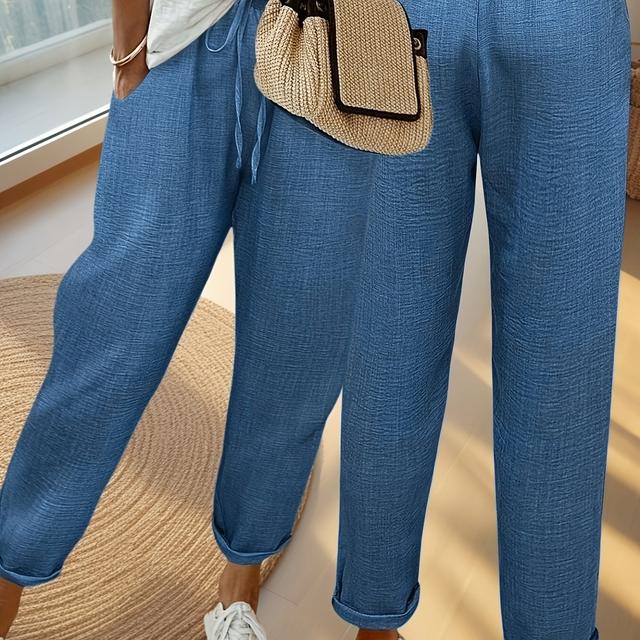 TEMU Plus Size, Women's -textured Straight-leg Pants With Drawstring Waist & Slant Pockets - Elegant Solid Color Trousers For Casual To Office Wear