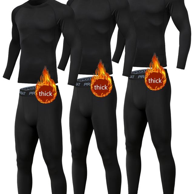 TEMU 6pcs Men's Thermal Compression Set - , High-elasticity Breathable Base Layer Shirts & Leggings With "thick" Waistband, Ideal For Fall & Winter Outdoor Activities, Thermal Leggings