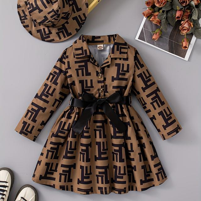 TEMU Spring And Autumn Daily Casual Outing Lapel Neckline Half Long-sleeved Print Pattern Regular Fit Dress Girls Fashion Dress With Ribbon