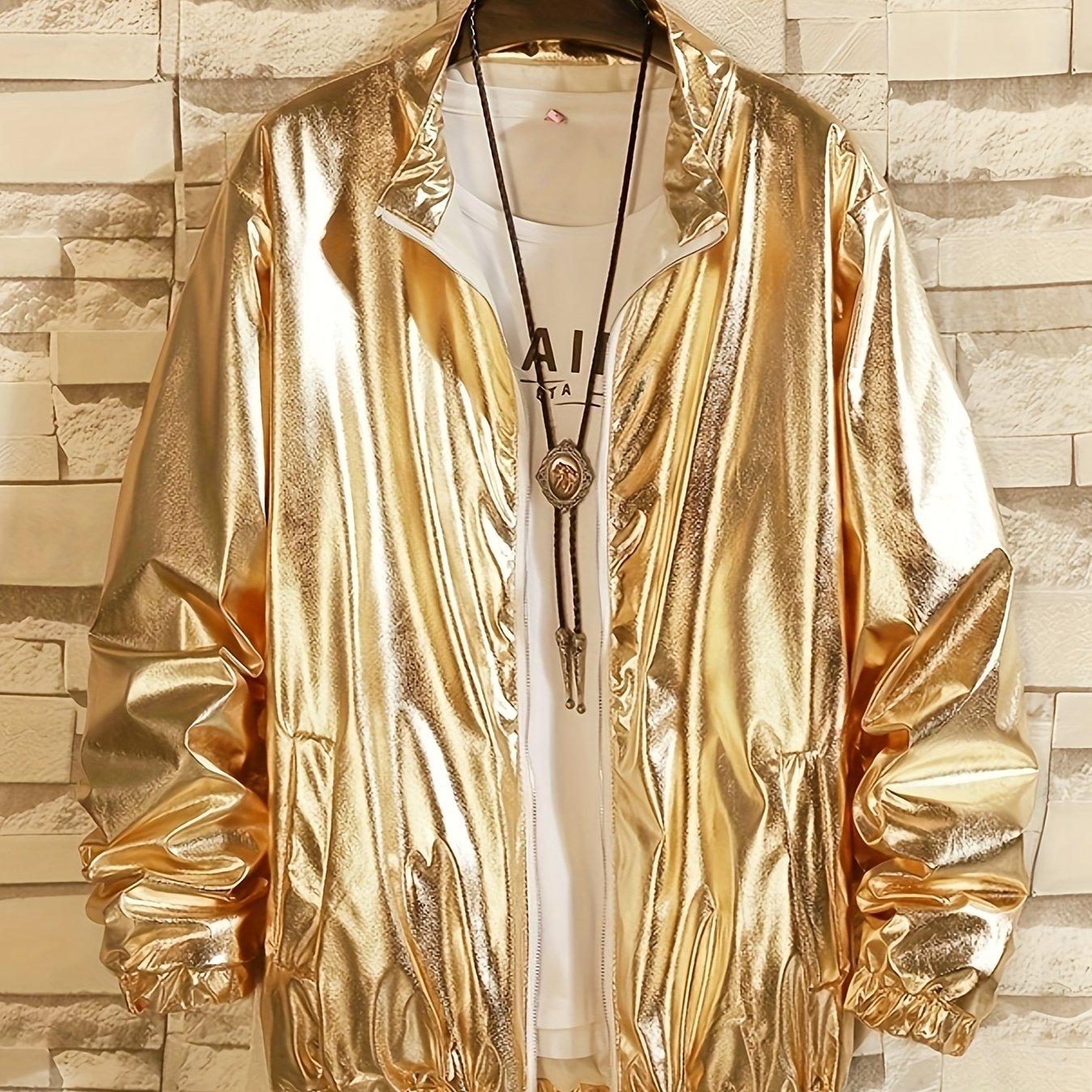 TEMU Men's Stage Performance Gathering Nightclub Style Hot Foil Jacket Golden Silvery