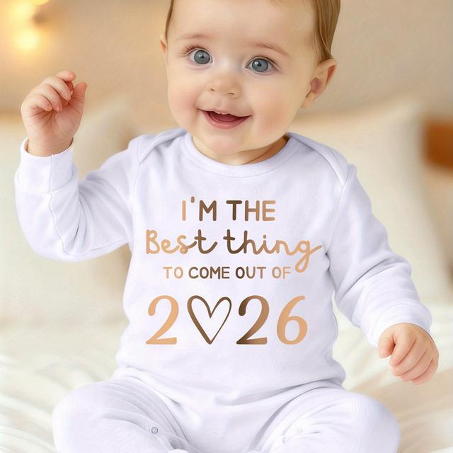 TEMU 2026 Alphabet Print Newborn Footed Romper | Casual Crew Neck, Stretch Fabric, Loose Fit, Ideal For Baby Girl, For Outdoor