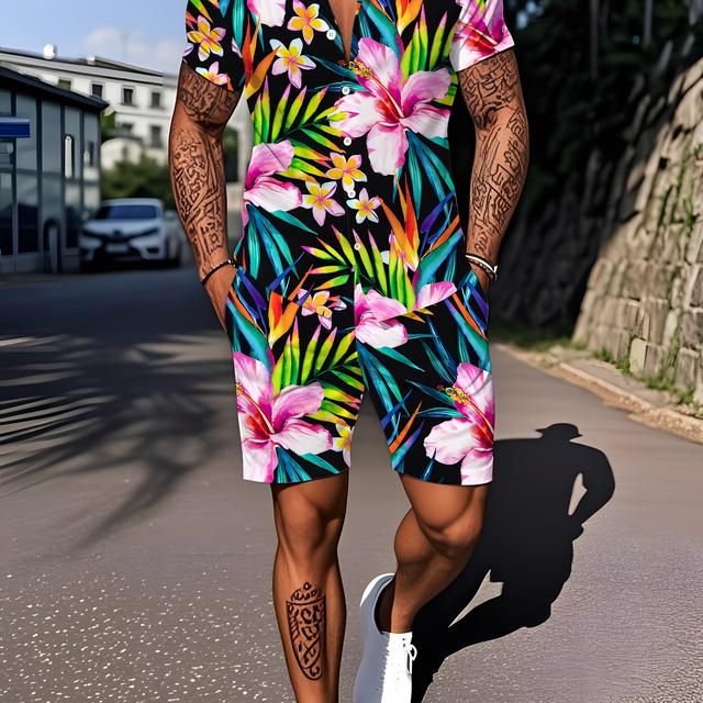 TEMU Colorful Tropical Print Men's Short Sleeve Shirt And Shorts Set For Outdoor Sports Casual Vacation Beach Top With Shorts Leisure Outfit