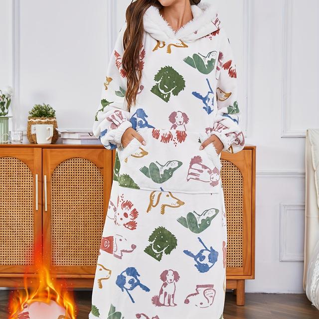 TEMU Fashionable Women's Sleepwear, Thickened Flannel Hooded Nightgown With Full-body Print For Autumn And Winter, Stylish And Cute Long-sleeve Loungewear Robe, 2025 New Women's Pajamas And Bathrobe