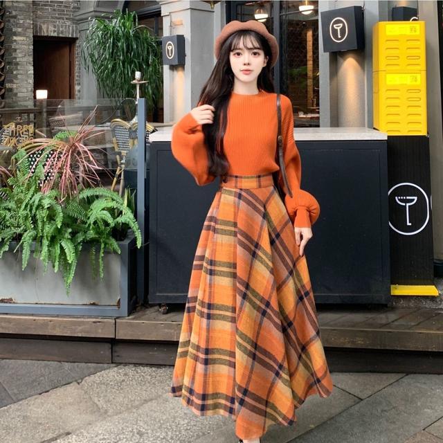 TEMU 新作 フレンチ・香港スタイル レト ラジースウェーター ハイウエストチェックスカート ツーピースセット