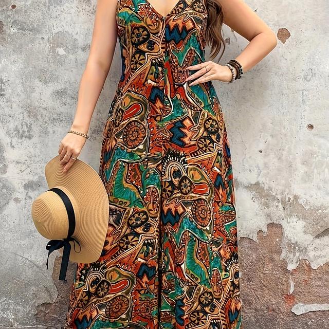 TEMU Plus Size Women's V-neck Sleeveless Loose Fit Wide-leg Jumpsuit With Vibrant Floral Print, Casual , Non-stretch