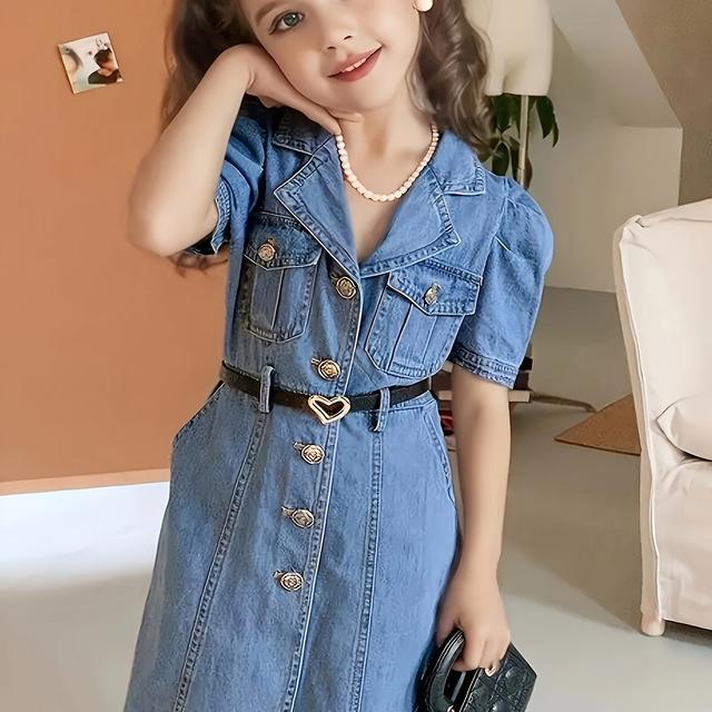TEMU Girls' 2025 Summer Bohemian Vintage Denim Dress With Bubble Sleeves & Button Front - Long Maxi Dress For Western Party, Casual Outfits - Solid Color Hand-washable Dress For ( Wearable)