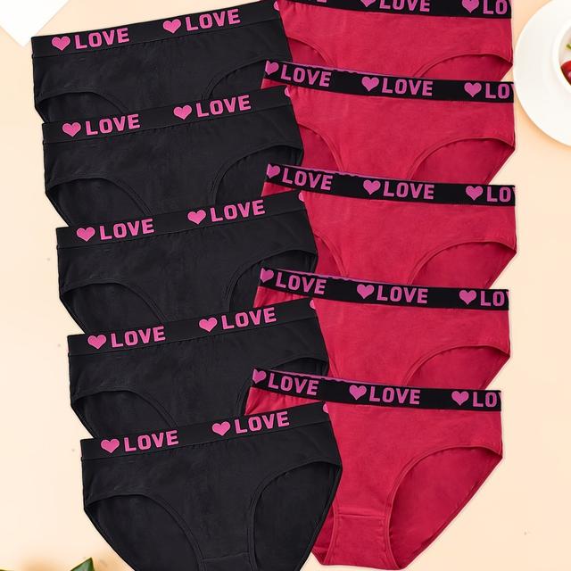 TEMU 10 Stück Damen Plus Size Unterwäsche-Set mit hoher Taille, Y-Stil, bequemer Sitz, elastischer LOVE-Bund, einfache , Übergröße Damenunterwäsche