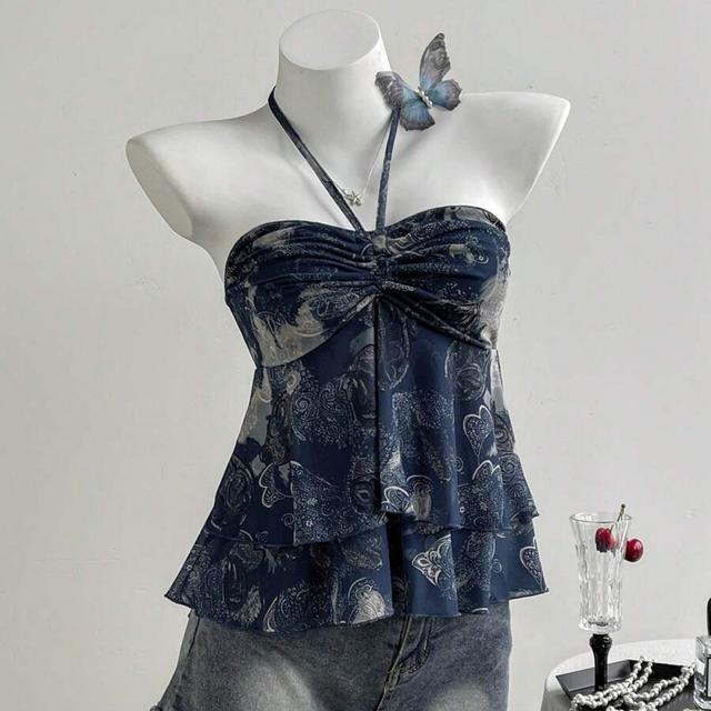 TEMU y sin espalda de estilo bohemio para mujer, color azul rey, de tela, adornado con detalles plisados y bajo acampanado, de silueta entallada