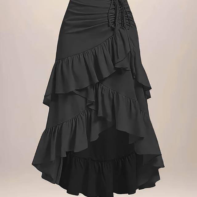 TEMU Plus Size Gothic Side Lace Detail Tiered Midi Skirt - 100% Polyester Machine Washable Elegant Solid Black Skirt For Women, Versatile Wear