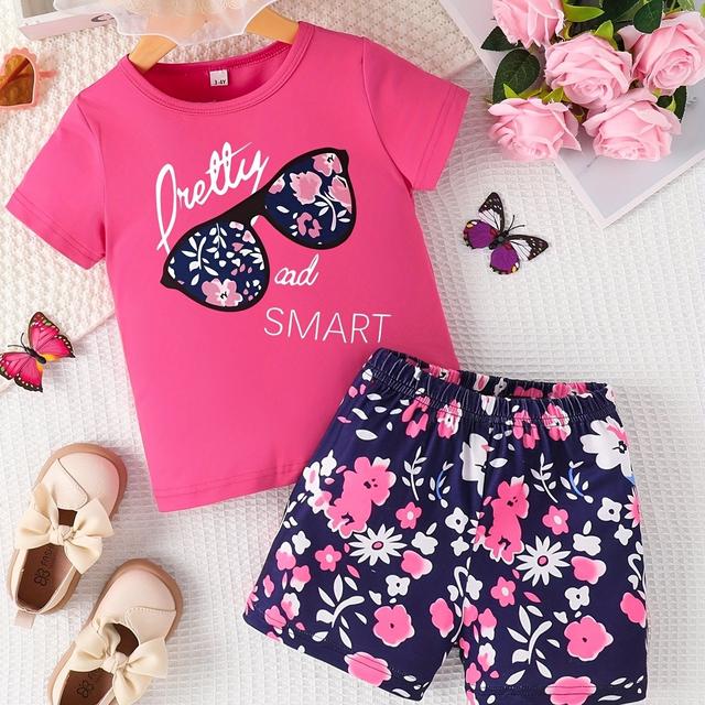 TEMU Spring And Autumn Round Neck Letter Print Short Sleeve Top With Floral Print Shorts Casual Two-piece Set For , Perfect For Outdoor, Girl Clothe Age