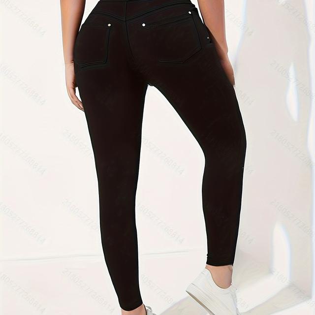TEMU Pantalones pitillo elegantes para mujer, cintura , color liso, de viscosa con detalles de botones, tejido de elasticidad media, para todas .