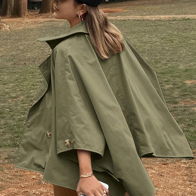 TEMU 여성용 빈티지 스타일 그린 트렌치 코트 - 캐주얼, 버튼업, 긴 소매, 루즈핏, 폴리에스터, 가을과 겨울에 완벽한 캐주얼 아우터웨어|빈티지 스타일 코트|폴리에스터 원단