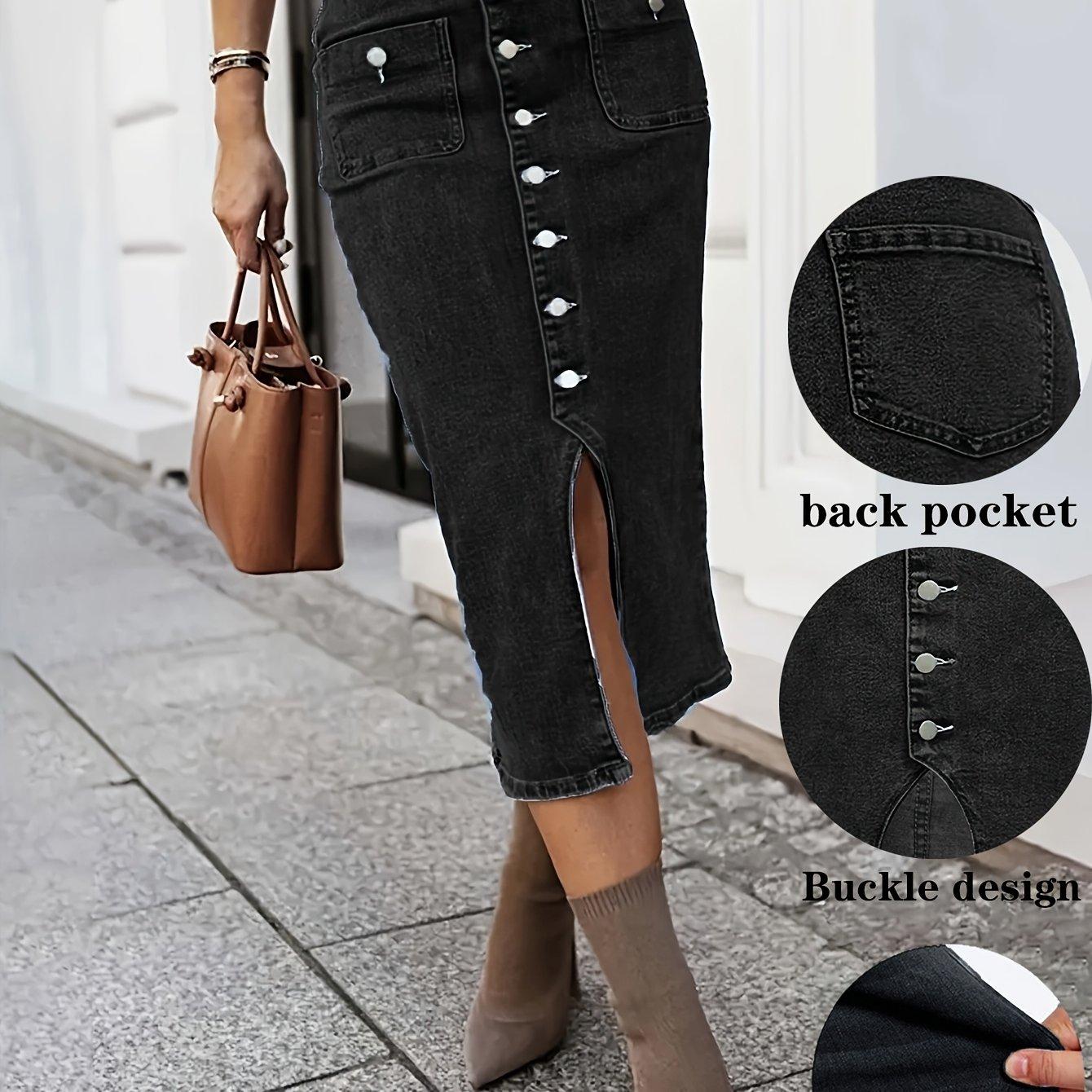 TEMU AW25 Falda de Mezclilla con Cierre Frontal y Bolsillos para Mujer - Mid-Length, Casual a Elegante para Verano Otoño, Lavable en Máquina, Color Sólido, Tela Duradera
