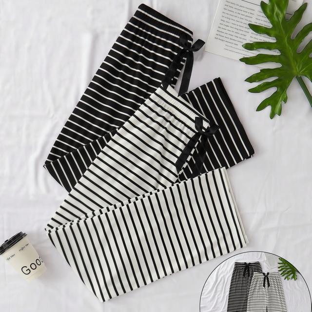 TEMU Women's Elegant And White Striped Set With Bowknot, Comfortable Fabric And Loose Fit For , Elegant And Waistband Bowknot Decor, Elastic Waistband Pants, Comfortable Loose Set