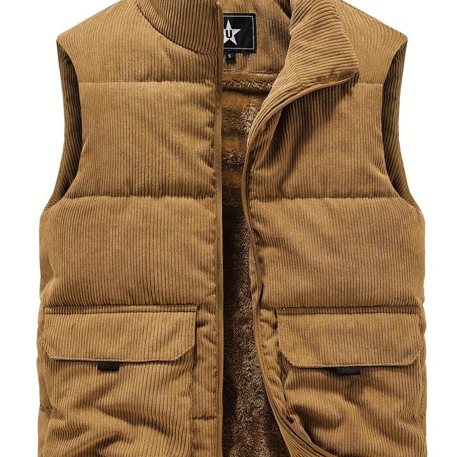 TEMU Men's Heavyweight Winter Vest - Thermal Insulated Jacket With Stand Collar, Multi-pocket Workwear Coat For Cold Weather, Non-stretch Fabric For Construction, Thick