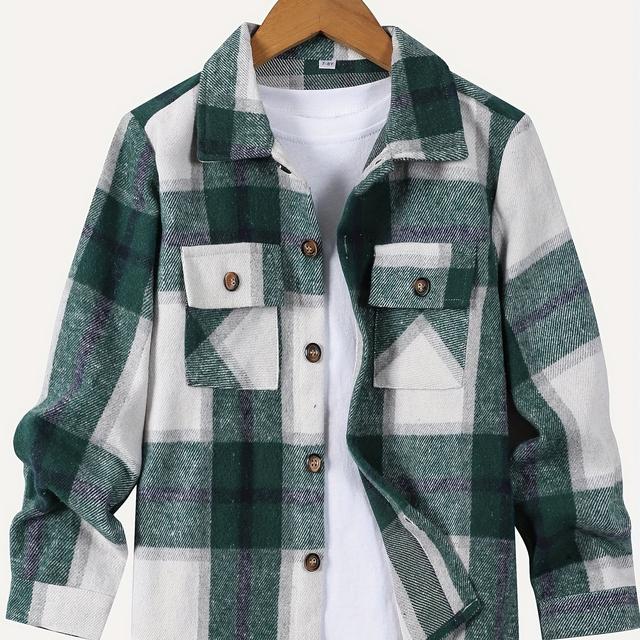 TEMU Boys' Flannel Shirt Jacket With Flap Pockets And Double Pockets