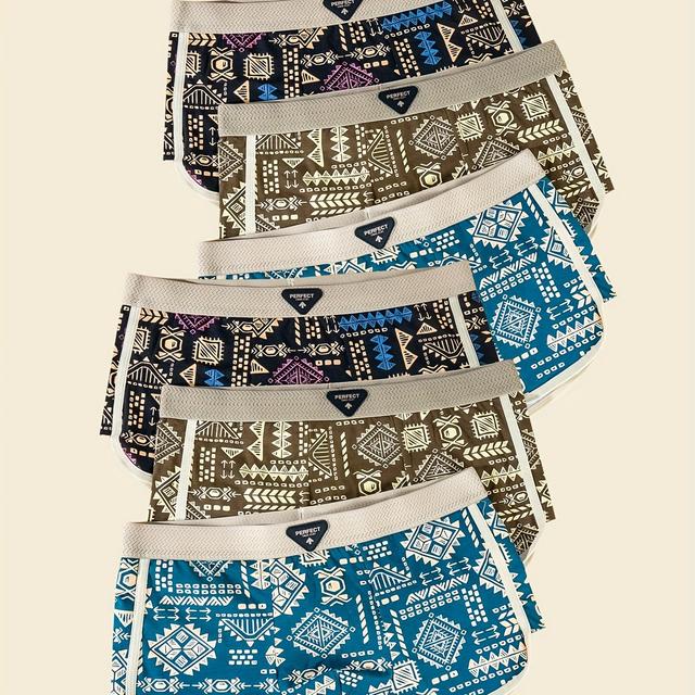 TEMU 6pcs Men's Geometric Print Boxer Briefs - Soft, Breathable, And Machine Washable - Assorted Colors For Casual Wear