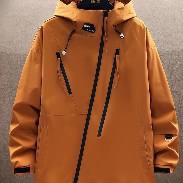 TEMU Men's Beige Hooded Windbreaker Jacket With Asymmetrical Zipper & Patch, Durable Polyester, For Fall/winter, Outdoor Sports Jacket|sleek Outdoor Apparel|durable Jacket