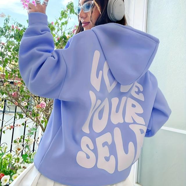 TEMU Slogan Graphic Drop Shoulder Drawstring Thermal Lined Hoodie Love Yourself